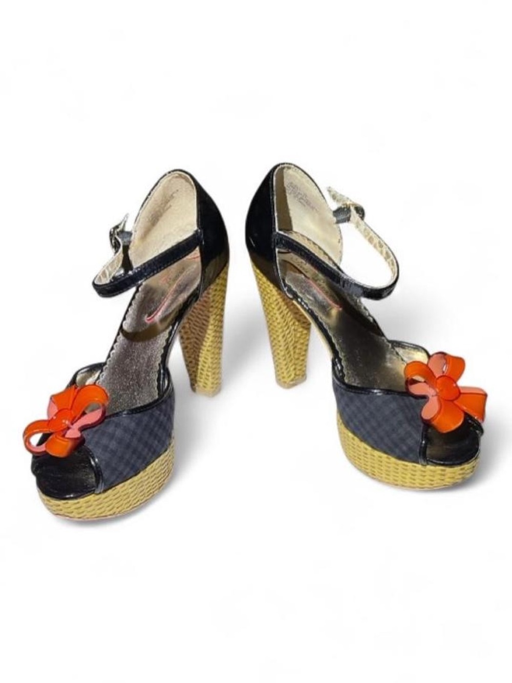Poetic Licence Black Platform Peep-Toe Heels with Orange Flower Accent